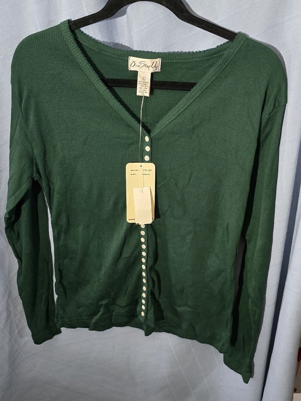 One Step Ahead Dark Green Ribbed V-Neck Button Front Long Sleeve Top